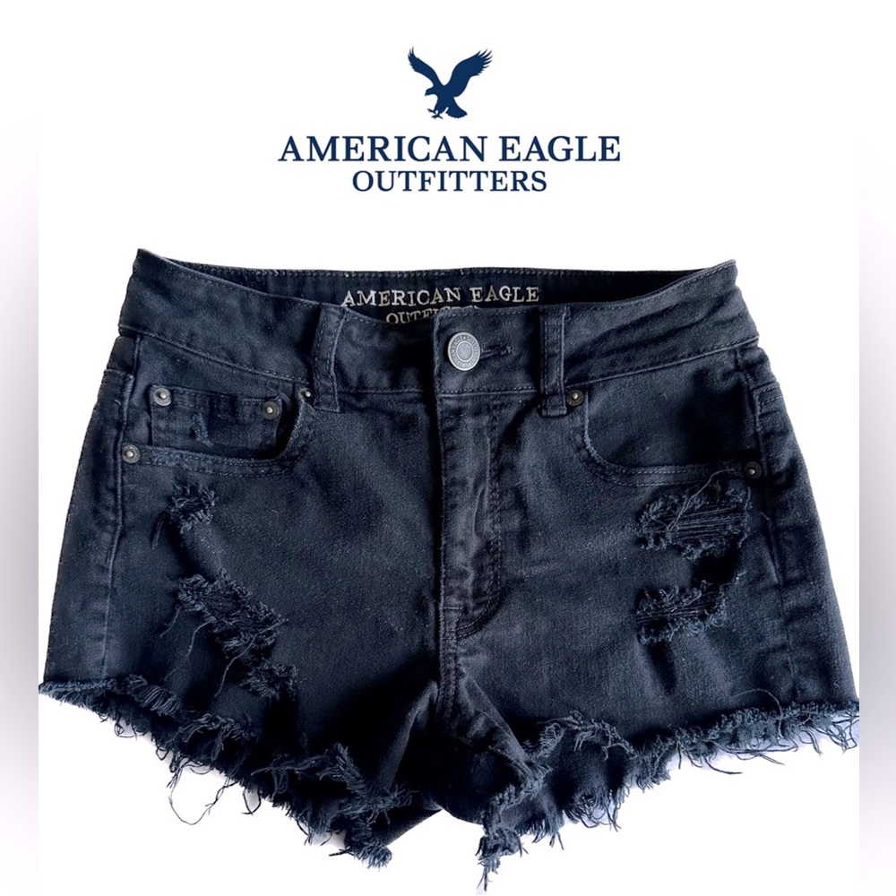 American Eagle Women’s Fringe Distressed Stretch Shorts Size 4 Black